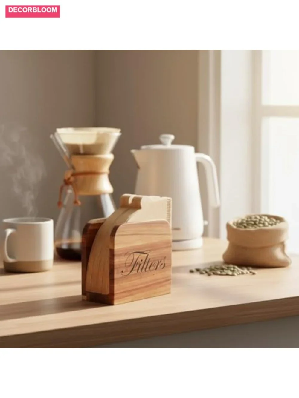 Wooden Coffee Filter Holder with Stand, Farmhouse Kitchen Counter Organizer,